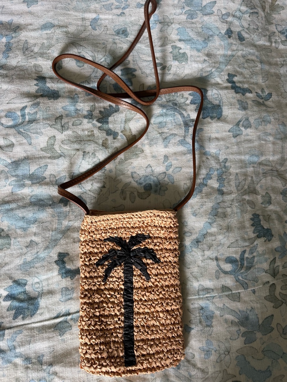 Faherty Straw Crossbody Bag with Black Palm Tree Accent - Natural